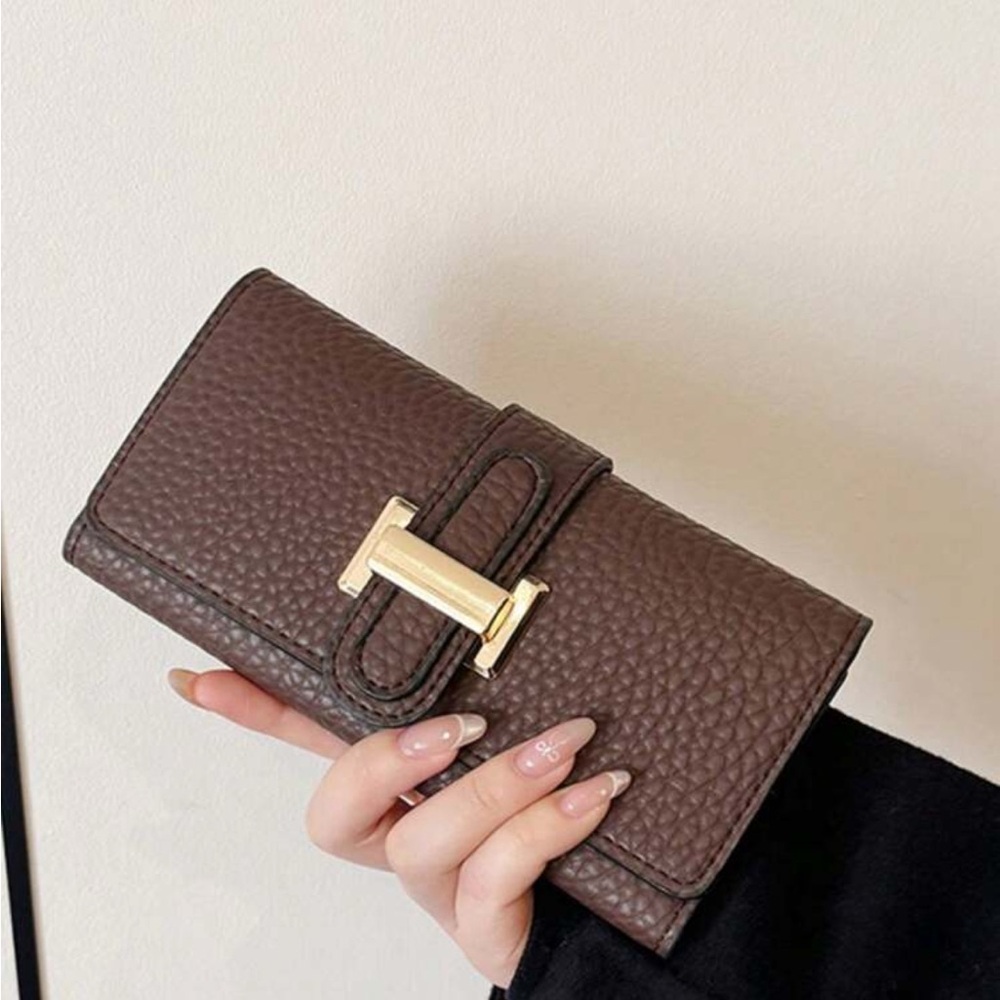 Elegant “H” Style Brown Clutch Wallet Pebbled Vegan Leather NEW